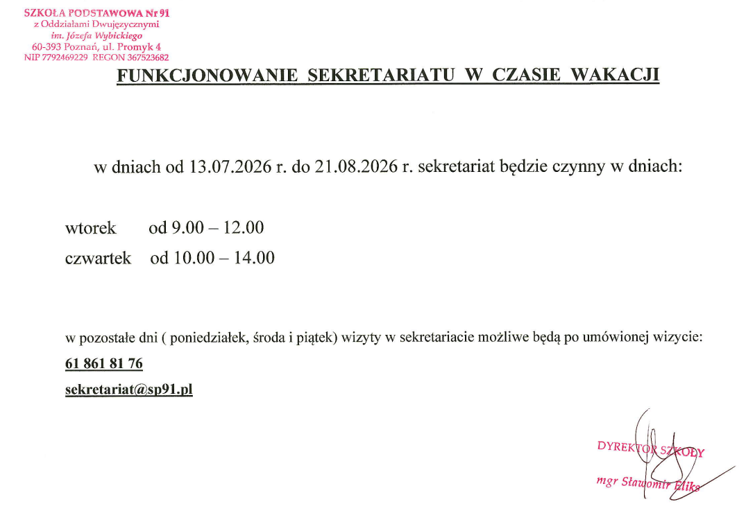 Sekretariat godziny wakacje
